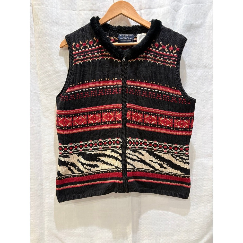 HAROLDS Knit by Hand Black Red Fair Isle Zebra‎ Print Fur Trim Vest XL